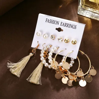 Hoop Drop Pearl Stud Earrings Set (6 Pairs)